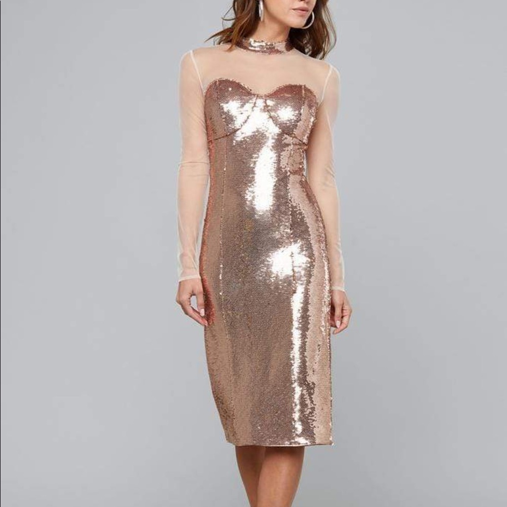 BEBE sequins rose gold midi dress